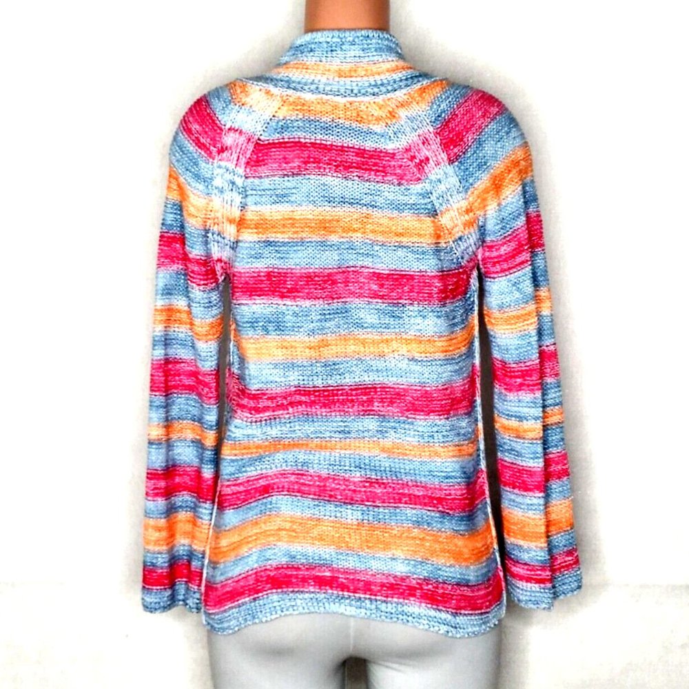 J. Jill Striped Tie Mock Neck Sweater Blue Orange Pink Linen Cotton - Picture 3 of 6